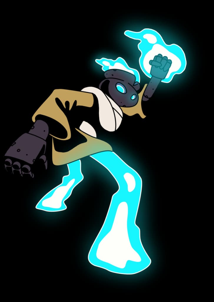 Clayton mid-action, lunging with a glowing cyan fist raised and energy trailing from his legs