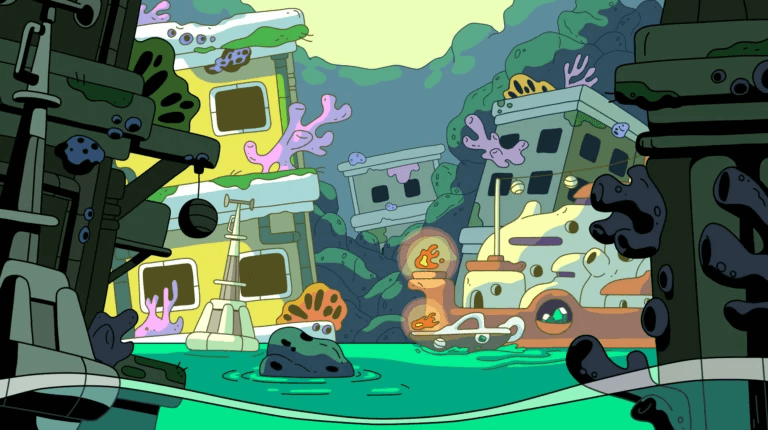 A Clayfire environment: a flooded, overgrown city of tilted buildings above bright green water