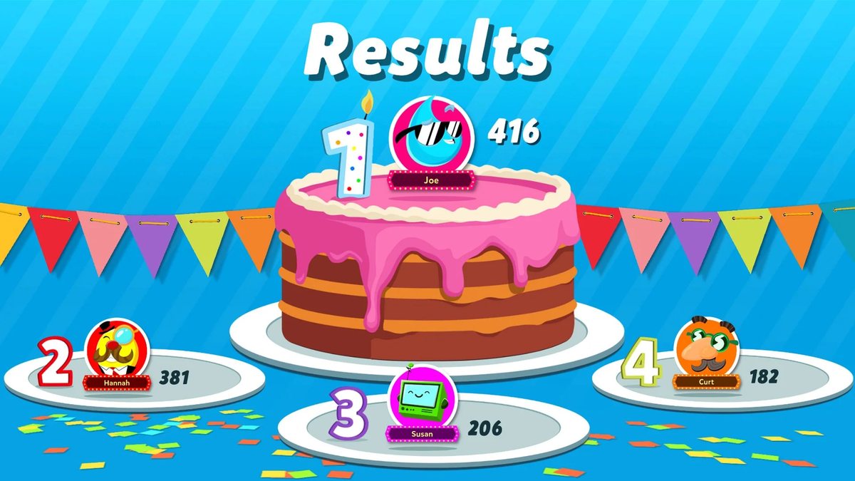 The Back Talk Party results screen, with player scores on a birthday-cake podium under party bunting