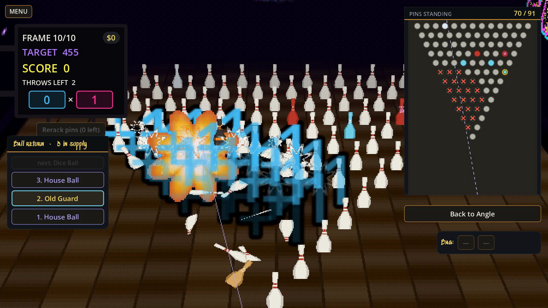 A rack of pins mid-explosion in Hambone Alley, with the score and the pin minimap