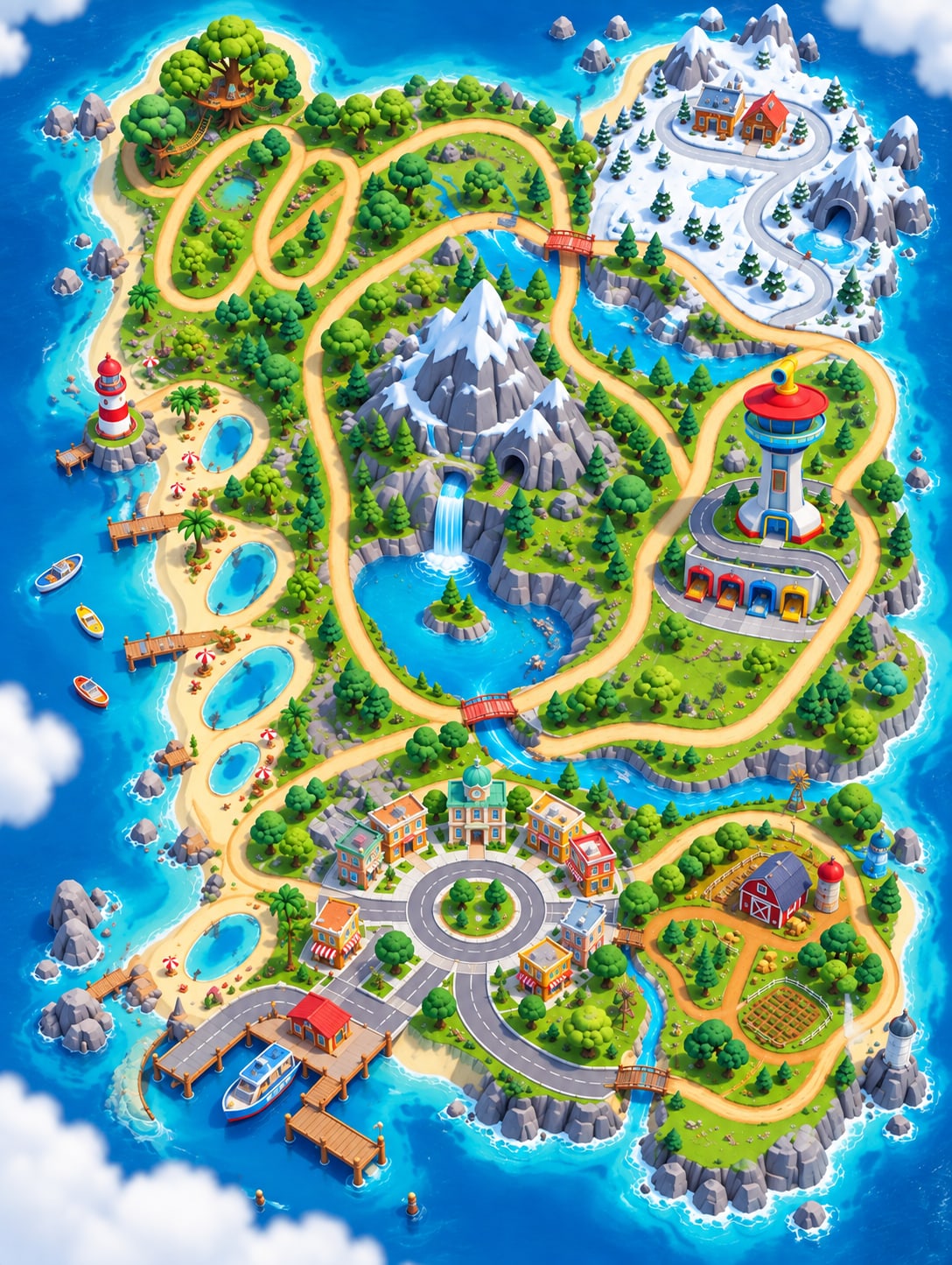 A bright cartoon map of an island seen from above, with a mountain and lake in the middle ringed by a trail, a row of tide pools down the west beach, a treehouse, a snowy corner, a town, a harbour and a farm