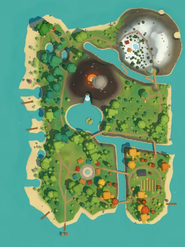 The game’s island seen from straight above: a volcano and a lake in the middle, a snowfield at the top right, a town with a fountain at the bottom, a farm at the bottom right and coves along the west beach