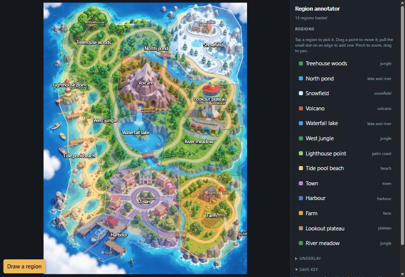 The region annotator: the concept map with 13 named regions outlined over it, from Treehouse woods and Snowfield at the top to Town, Harbour and Farm at the bottom, and a list of the regions and their kinds of land beside it