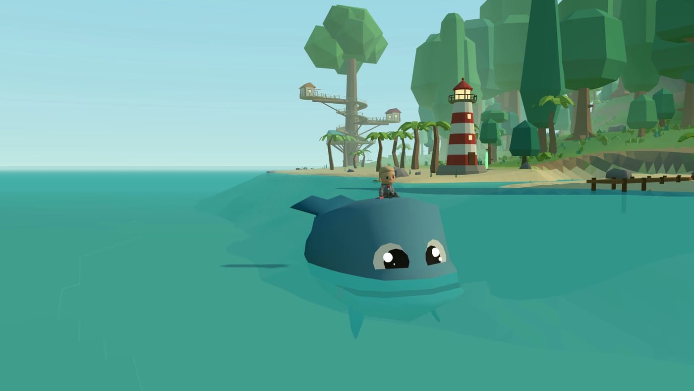 A child riding a whale round the island, with the lighthouse, the treehouse and a dock behind