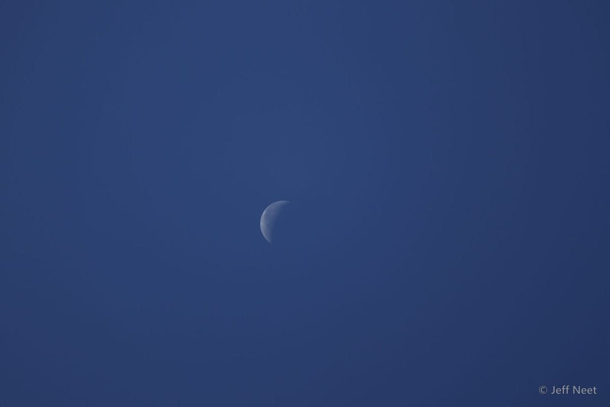 A pale crescent moon hangs in the middle of a deep blue sky with no other objects visible.