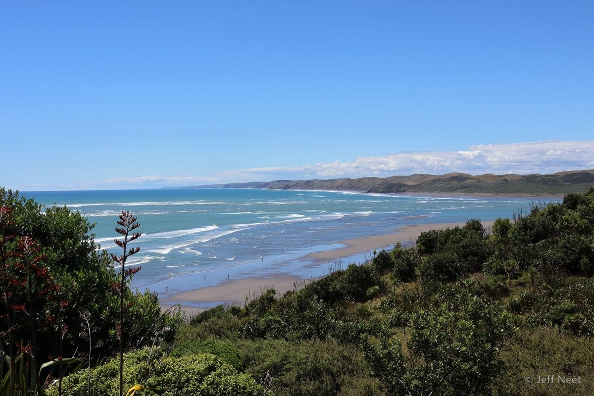 Breaking white surf rolls across a wide blue bay toward a sandy beach, with green scrub in the foreground.