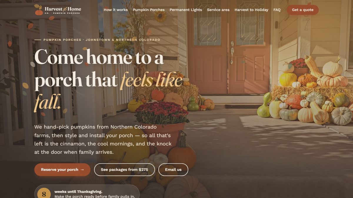 The Harvest & Home Co. home page, a styled fall porch with pumpkins beside the headline "Come home to a porch that feels like fall"