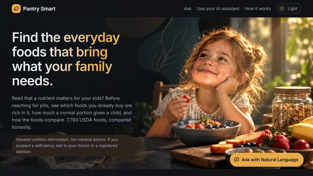 The Pantry Smart home page in its dark theme: the headline Find the everyday foods that bring what your family needs, beside a smiling girl at a table with a bowl of yogurt, berries and granola