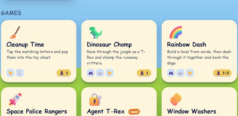 The Playchest menu of game cards, including Cleanup Time, Dinosaur Chomp and Rainbow Dash