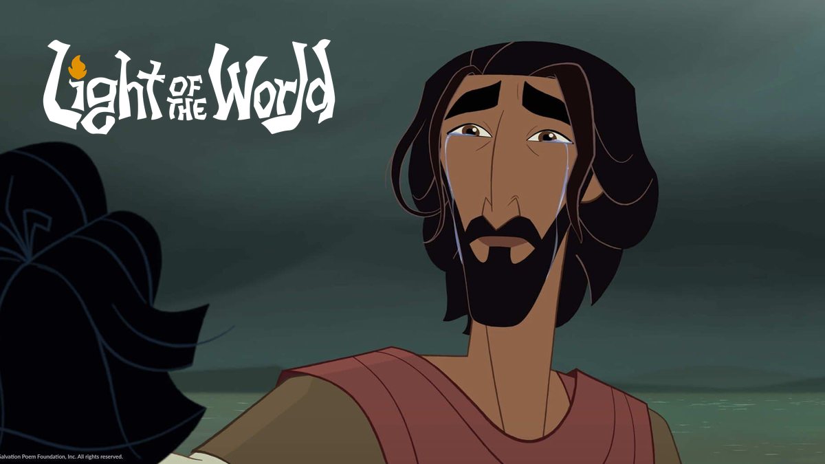 Jesus looks up under a stormy sky in a still from Light of the World, with the film's title logo