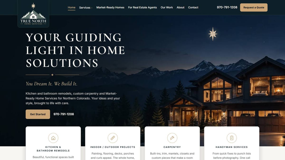 The refreshed True North Home Services home page, with a guiding-star logo, the headline "Your guiding light in home solutions" and a lit mountain home at night