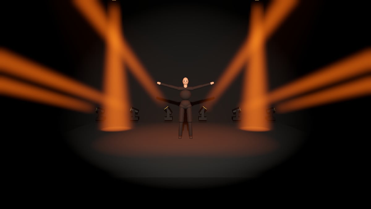 A dancer figure on a dark stage with arms spread, amber light beams fanning out behind her like wings.